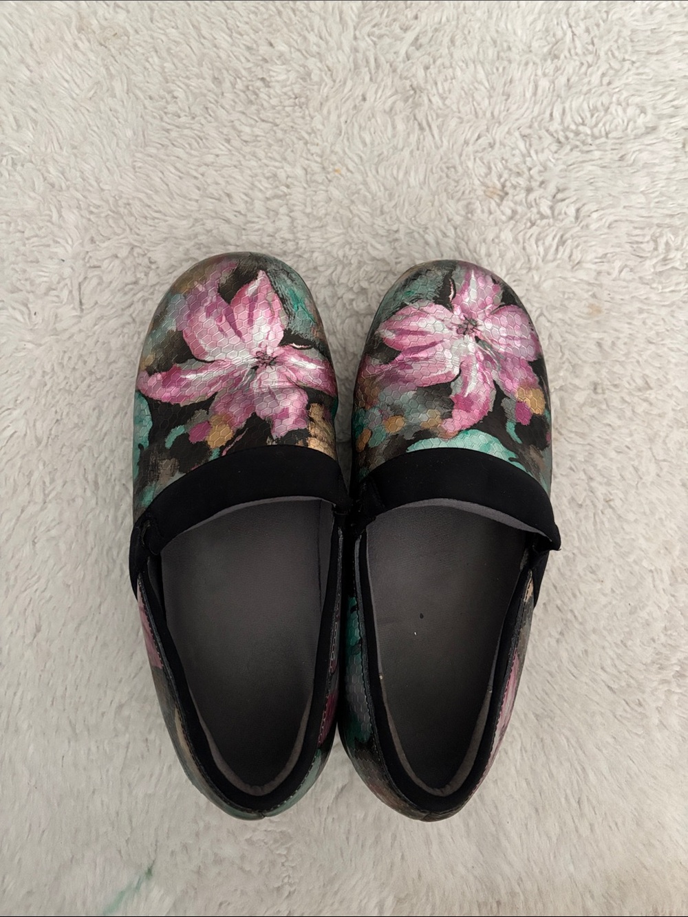 SoftWalk Pink Floral Slip-On Loafers with Teal Accents